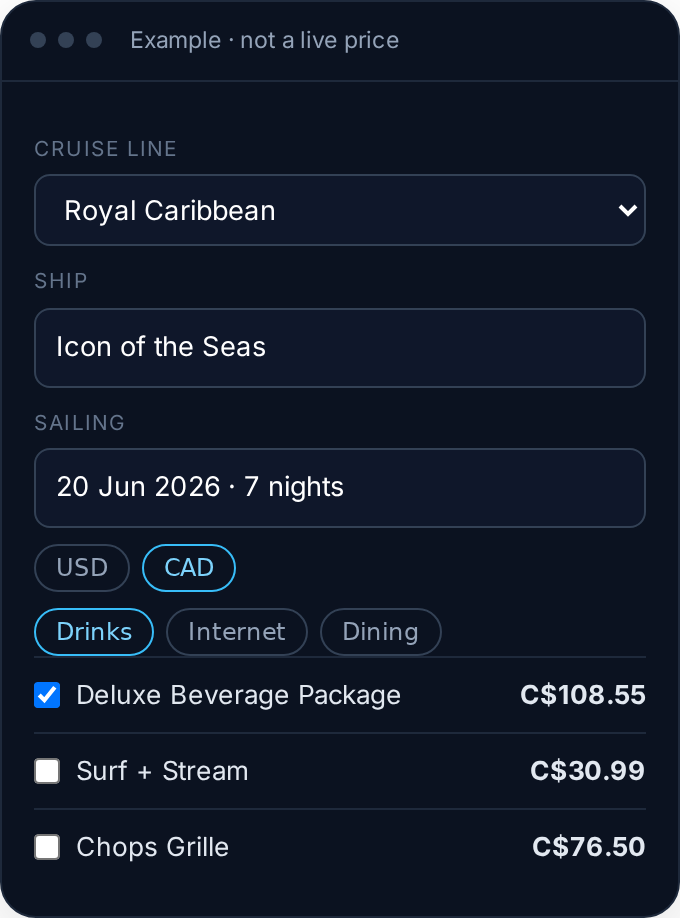 Beverage, internet, and dining packages with Canadian dollar prices and a CAD toggle selected